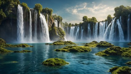 Fototapeta premium Surreal landscape with floating islands and cascading waterfalls, dreamlike atmosphere 