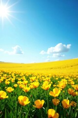 Obraz premium Field of bright yellow poppies stretching towards the sky, nature, bright, yellow