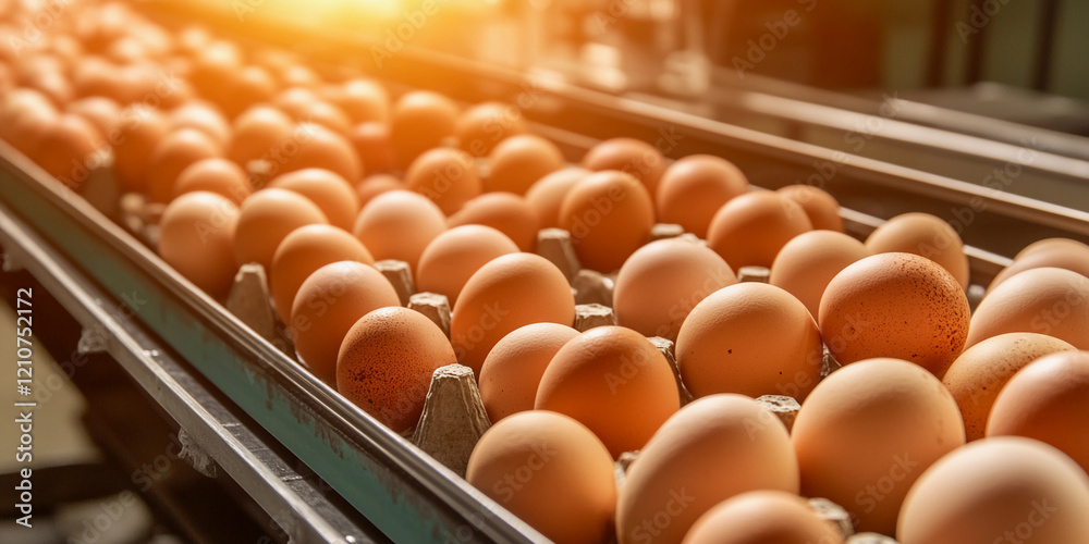 Aufkleber eggs being sorted on a conveyor belt in a factory