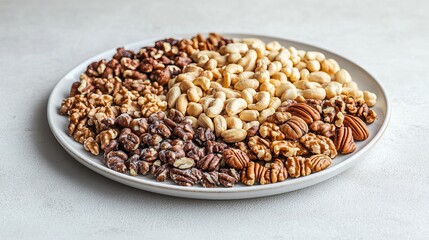 Mixed nuts, including walnuts, macadamia nuts, cashews, and pecans, are arranged on a white plate.