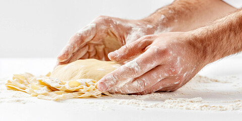 Preparing dough by hand in a clean kitchen environment