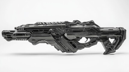 A 3d rendering of a futuristic sci-fi weapon set against a white background, depicting a military laser gun. The high-tech assault rifle is designed with green and gray scratched metallic surfaces
