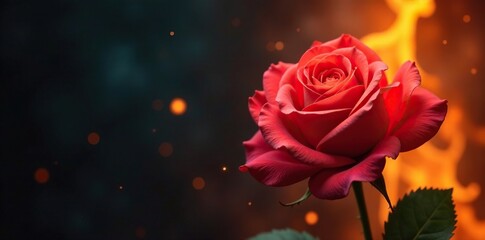 A rose flower in the heart of a blazing inferno, hottest embers, candle flame