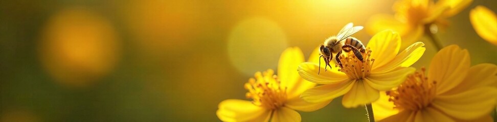 Bees collecting nectar from sunlit Beech flowers, yellow, honey