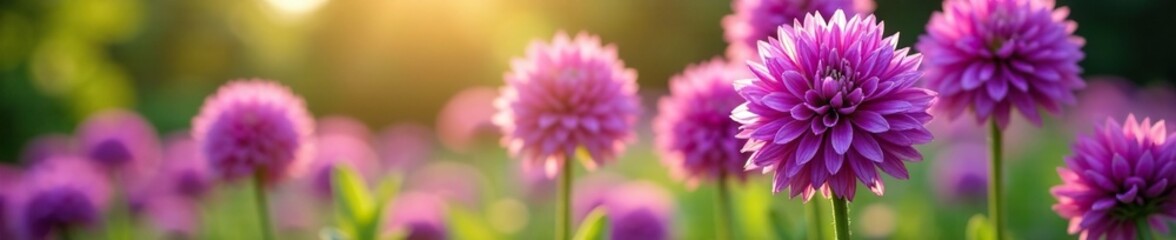Obraz premium Closeup of large purple Allium blooms in a garden bed with sunlight filtering through, nature, plant