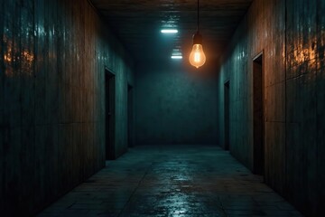 A single light bulb hanging from the ceiling in a cold prison cell, gloom, light bulb
