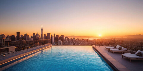 Fototapeta premium Relaxing sunset view from rooftop pool in city skyline