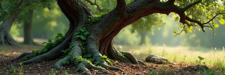 Fototapeta premium Vines snaking around ancient olive tree trunk, decay, branches, earthy