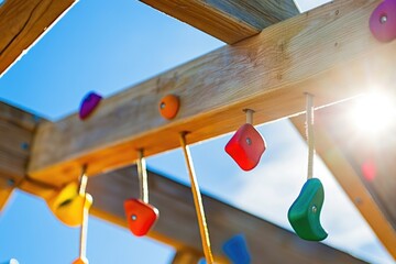 A unique wooden framework adorned with vibrant rocks