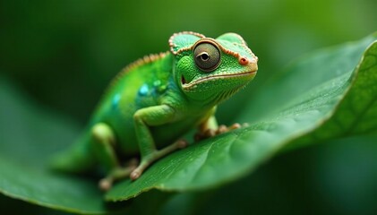 Obraz premium Green chameleon blending into its surroundings, leaf, foliage, environment