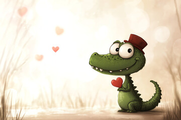 an illustration of a green dragon/alligator holding on to a read heart,  smiling in love, romance, valentine's day,  greeting card