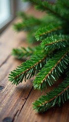 Green Christmas tree branch on wooden table in natural light, wood, green