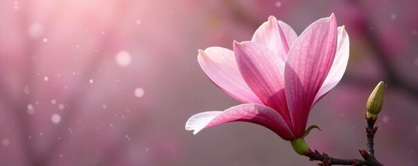 Obraz premium A pink magnolia's stem is adorned with delicate white and green markings, pink, magnolia
