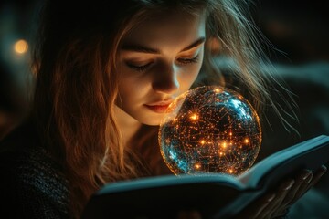 Naklejka premium A woman sits reading a book while holding a crystal ball, possible use for this picture is for mystical or magical themed projects
