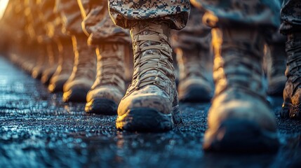Uniformed soldiers march in formation on a military base during sunset training session in the evening