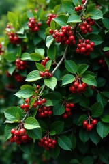 Fototapeta premium Bush covered in green leaves with ripe red berries, tree, plant