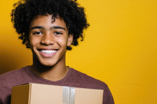 A smiling young man holds a brown box, perfect for use in e-commerce or packaging scenarios