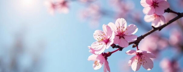 Delicate sakura branches unfolding in morning light, selective focus, blue sky, serene