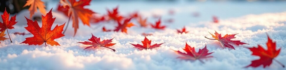 Fototapeta premium Crisp fallen Northern Red Oak leaves scattered on a snowy ground, winter landscape, autumn leaves