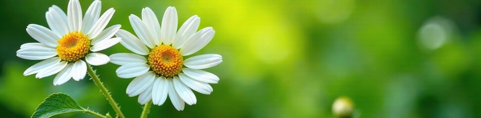 Fototapeta premium Daisies with white and yellow petals on green stem, daisies, petals, leaf