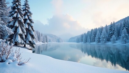 Frozen lake with snow-covered trees and a few snowflakes falling, frozen lake, snowy ground, peaceful atmosphere