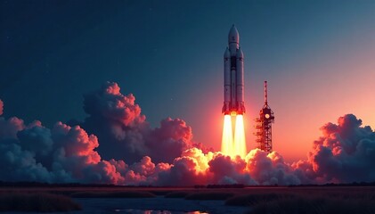 Space rocket on launchpad with sky darkening background, dusk, space, space rocket