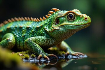 Swirling scales in mossy green and rough brown hues, wildlife art, swampy, reptile