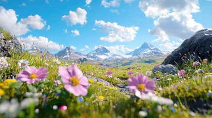Obraz premium Pink wildflowers bloom in a lush green alpine meadow with snow-capped mountains under a blue sky.