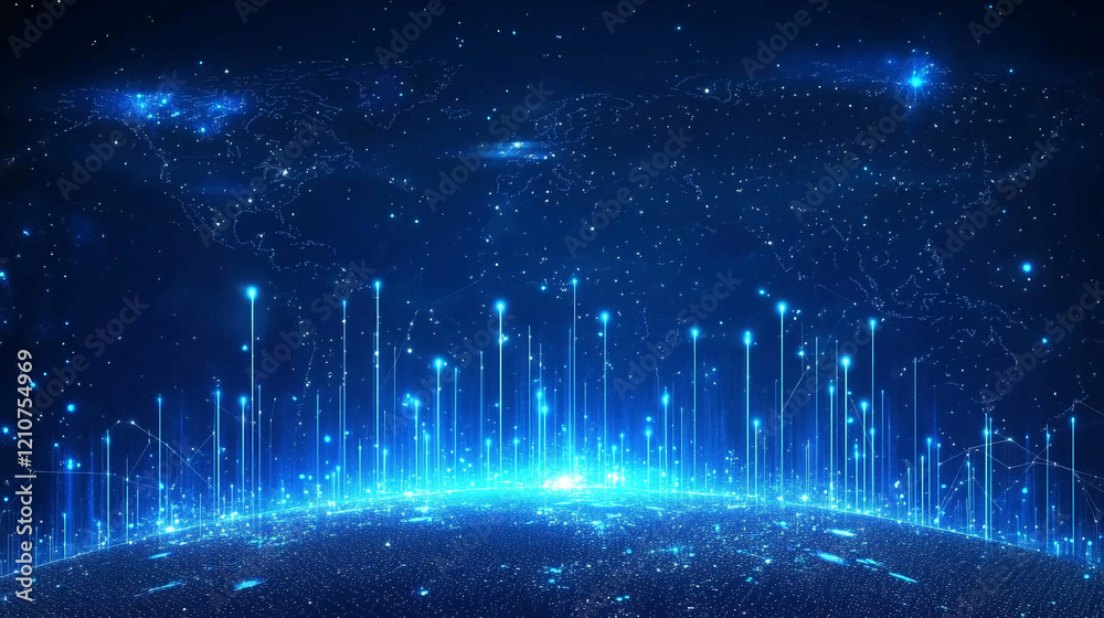 Poster Digital World Map with Glowing Data and Networks Representing Global Connectivity