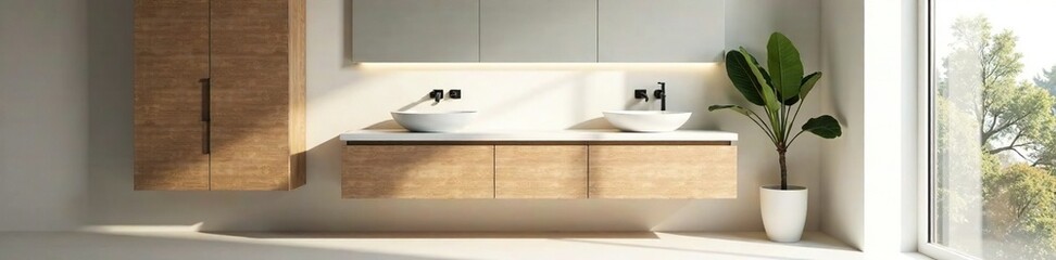 Fototapeta premium A minimalist bathroom with a clean vanity and ample storage, bathroom, minimalist, vanity