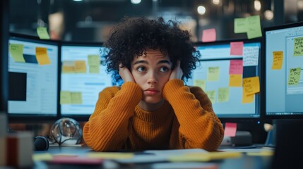 Stressed project manager feeling overwhelmed and covering ears while working late at night in office