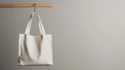 White tote bag hanging, studio backdrop, mockup, retail
