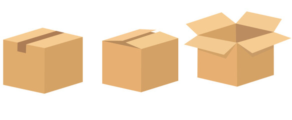 Open and closed recycle brown carton delivery packaging box with fragile signs. Collection vector illustration isolated box with shadow on white background for web, icon, banner, infographic