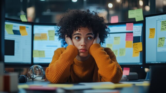 Stressed project manager feeling overwhelmed and covering ears while working late at night in office
