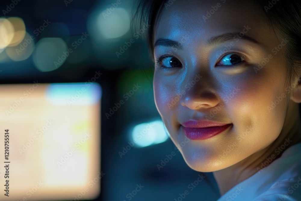 Poster a person examining a computer monitor with a thoughtful expression