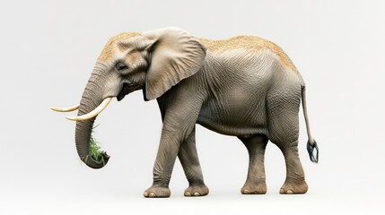 Fototapeta premium Adult African elephant eating grass against a white background.