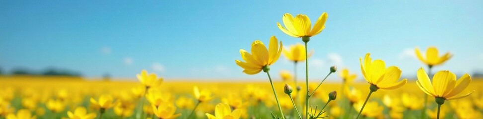 Fototapeta premium Bright yellow cosmos petals against a clear blue sky, field, sunny