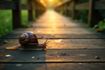 Snail's slimy trail on wooden bridge reflects fading sunlight, reflect, bridge, snail