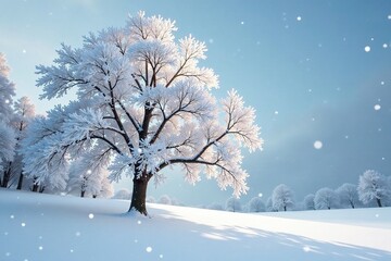 Snow-covered tree branches sway gently in wind, natural, gentle