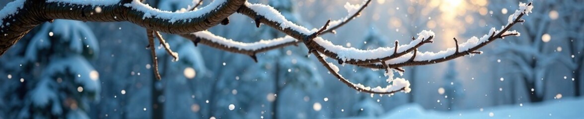 Obraz premium A flurry of snowflakes swirls around a bare tree branch in winter air, frozen, frost
