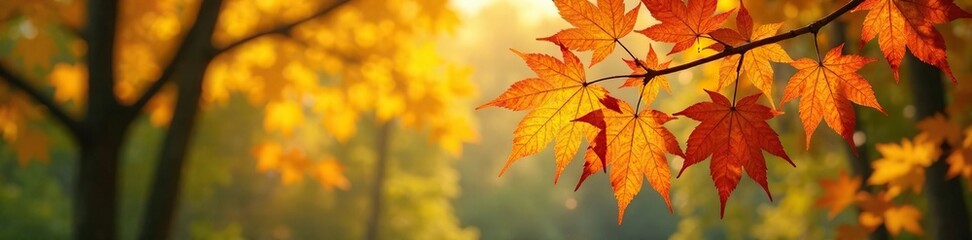 Fototapeta premium Autumn maple leaves in sunny light fall from tree branches, greenery, tree