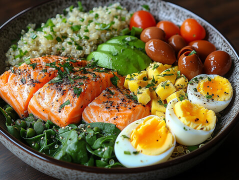 Bowl of food with salmon, avocado, tomatoes, and eggs