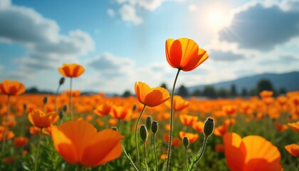 Vibrant orange poppies bloom in sunny California field against bright blue sky. Rich plants surrounds flowers. Beautiful vibrant colours create cheerful, peaceful scene. Perfect example of spring