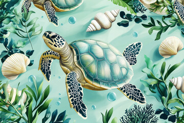 Tropical nautical pattern featuring sea turtles, shells, and seaweed in vibrant ocean colors