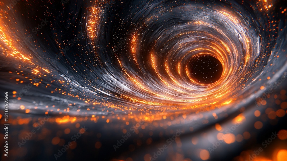 Poster fiery cosmic vortex swirling into a dark space tunnel.