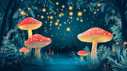 Enchanted forest gala with floating golden fireflies moonlit clearings bioluminescent mushrooms and fairy lights create magical atmosphere. Enchanted Glade. Illustration