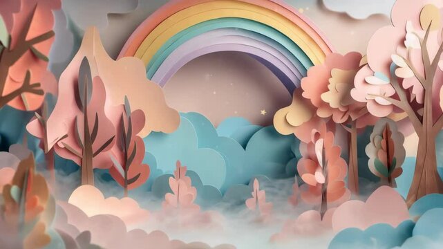 Whimsical pastel forest with rainbow and dreamy atmosphere
