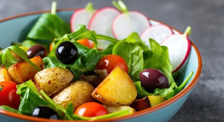 Fresh salad with colorful vegetables, including potatoes, olives, and radishes