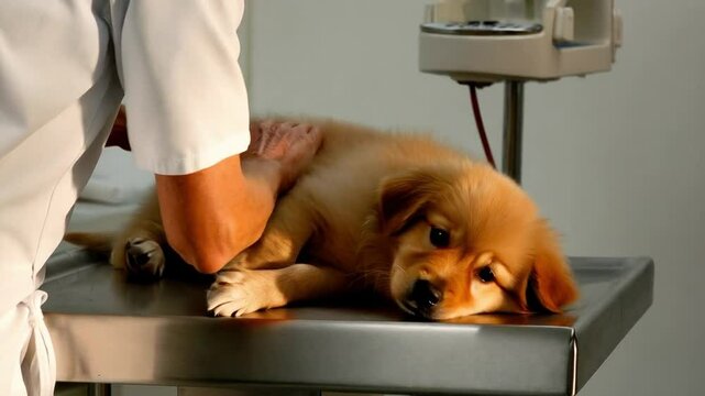 Dog Receives Care at Veterinary Clinic While Lying on Examination Table