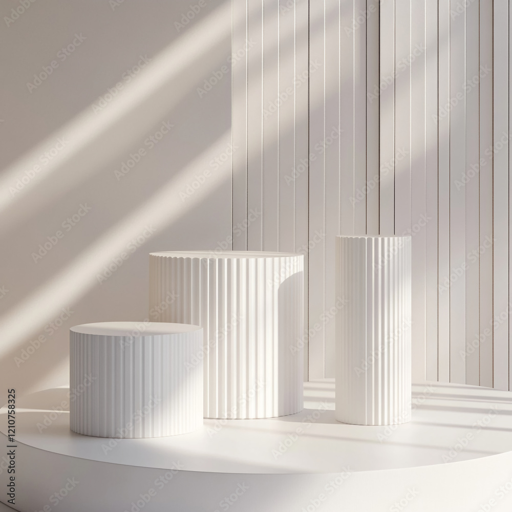 Poster elegant minimalist display with white cylindrical pedestals and soft light shadows